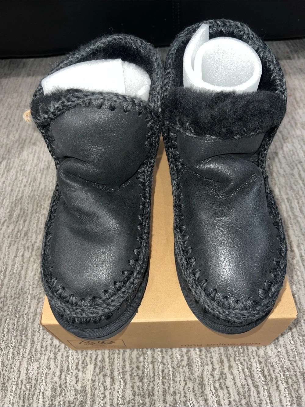 Mou Black Shearling-Trim Leather Ankle Booties